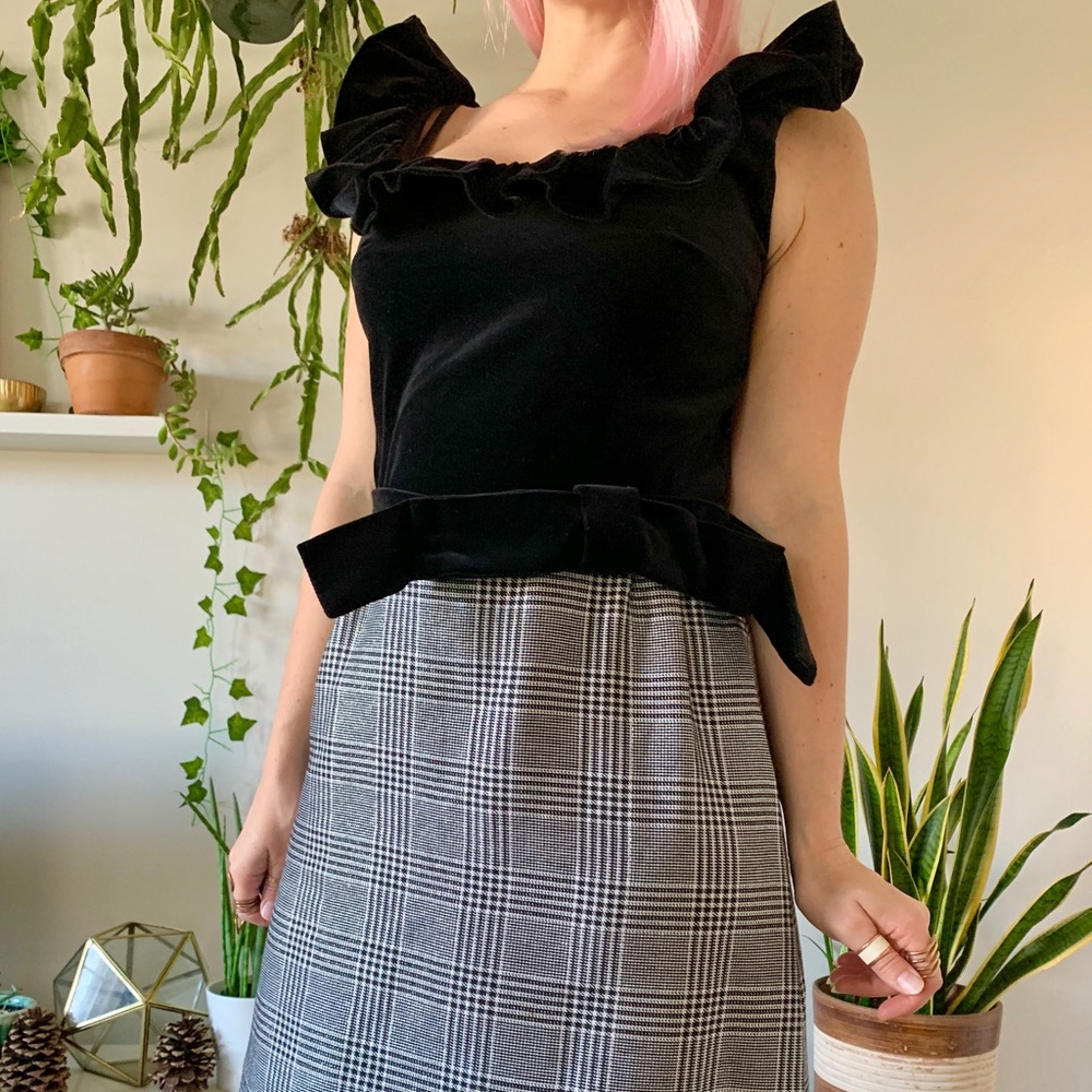 Vintage 60s black metallic silver plaid dress S/M